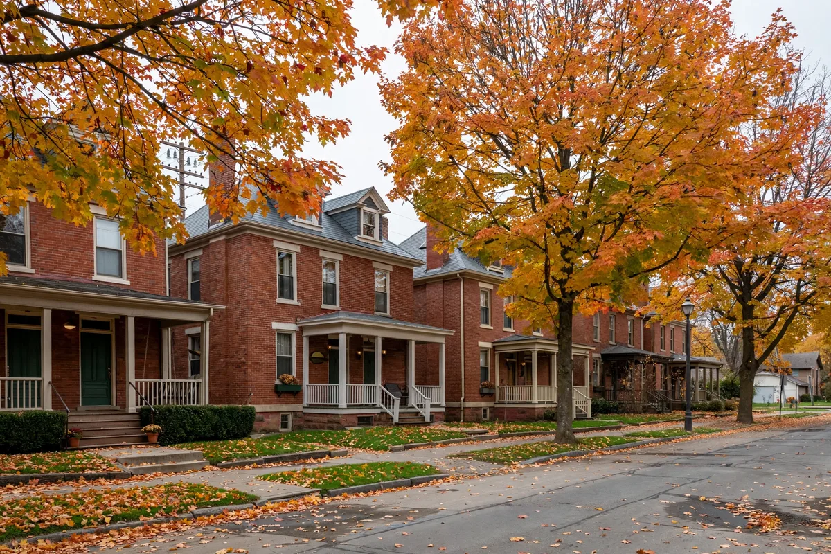 Early-1900s brick duplexes in Goodyear Heights, Akron, built for Goodyear rubber workers