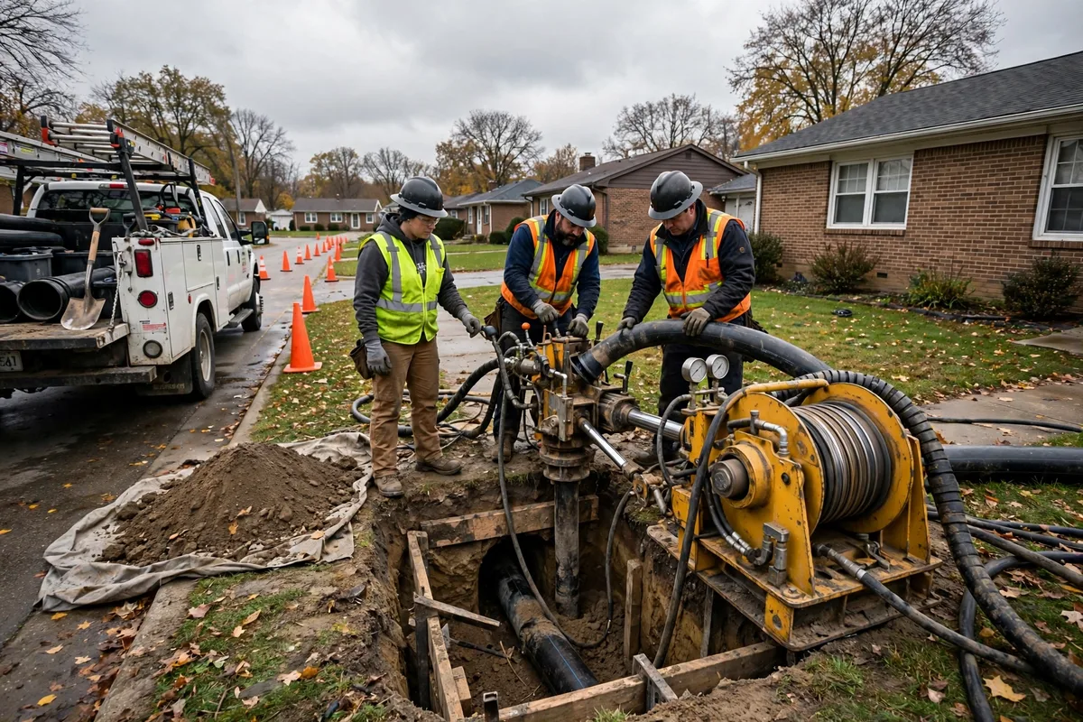 Trenchless sewer repair crew operating pipe-bursting equipment on an Akron residential street with brick homes