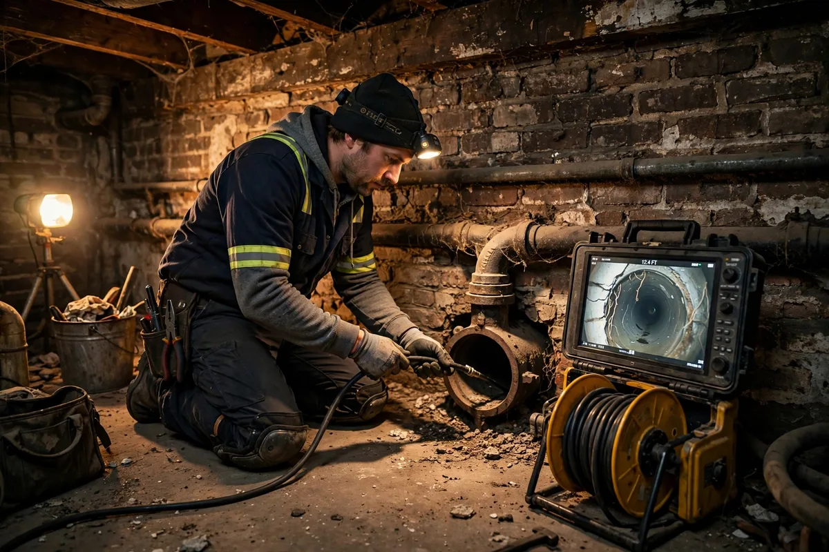 Sewer camera inspection technician working in the brick basement of an older rubber-era Akron home, monitor showing the inside of the pipe