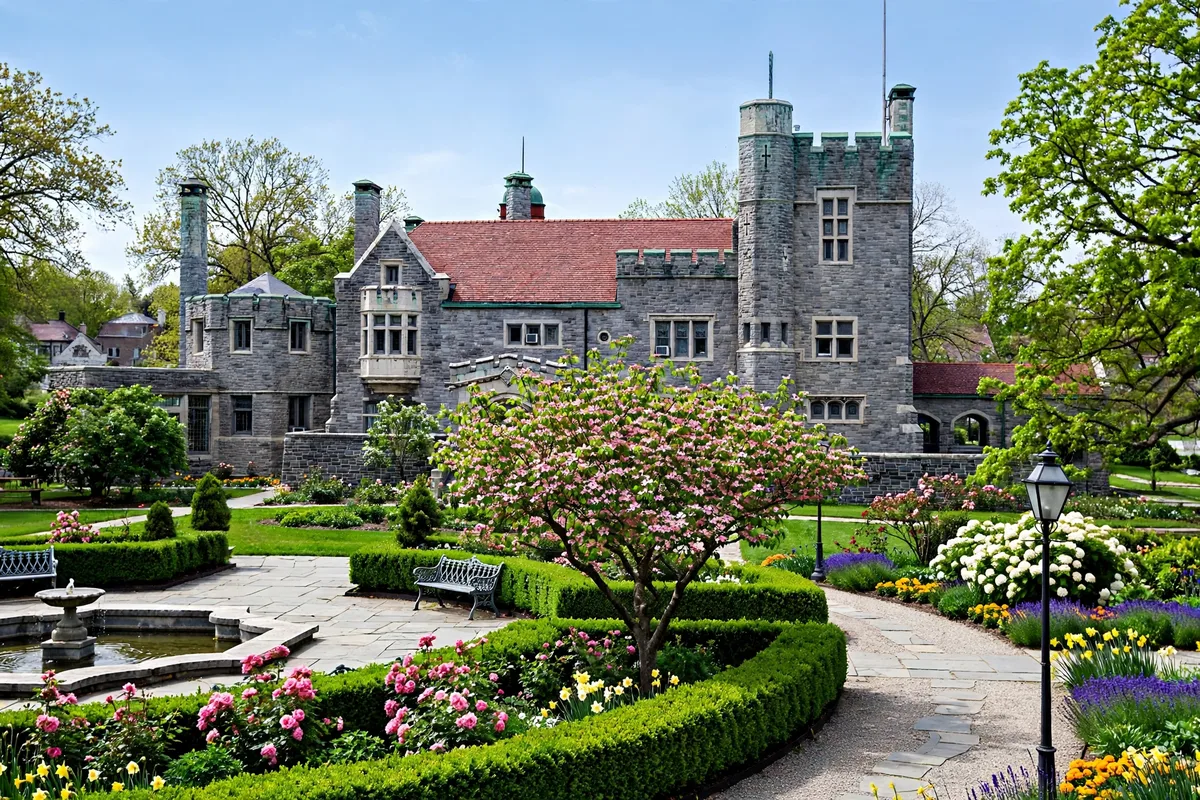 Historic stone castle-like building with turrets surrounded by gardens in Alliance, Ohio