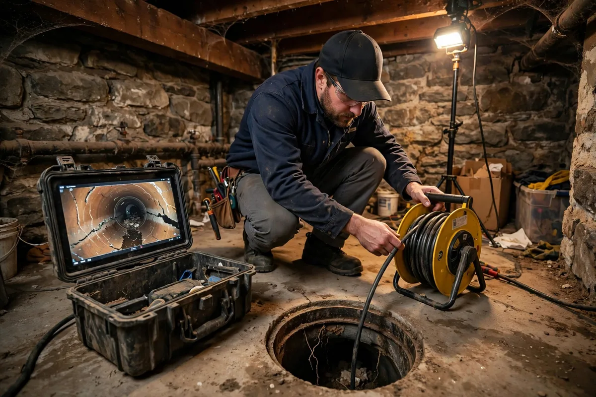 Plumber running a sewer camera inspection in the basement of an older Alliance, Ohio home with stone foundation walls