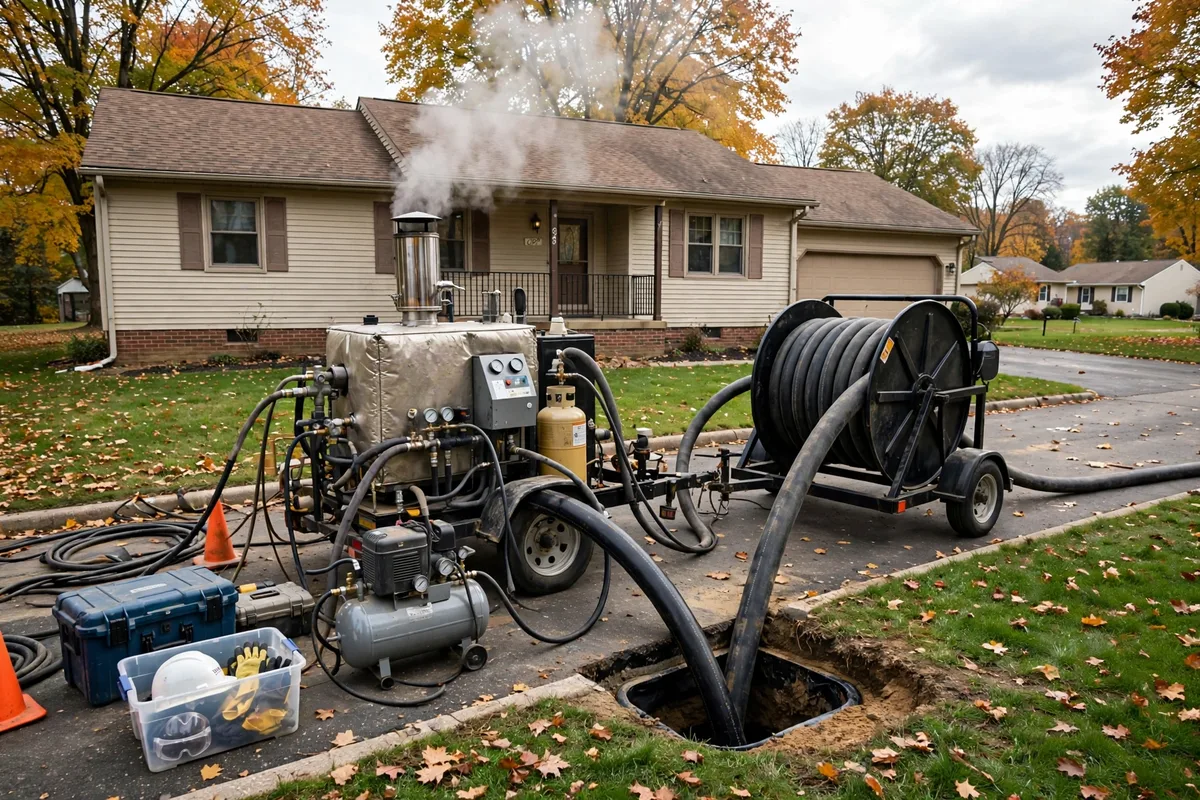 Trenchless pipe lining equipment curing a new pipe inside an old lateral at an Ashland, Ohio home
