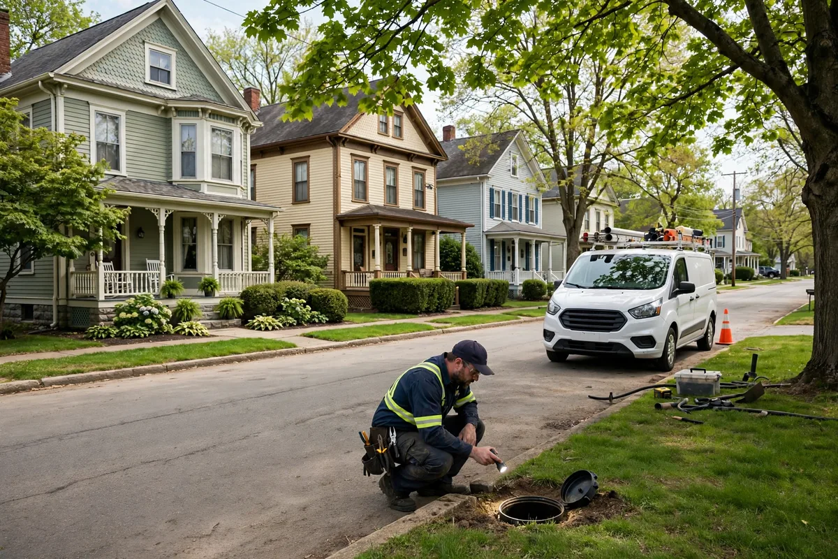 Well-kept early-1900s homes on a small-town residential street in Ashland, Ohio with a sewer repair van parked