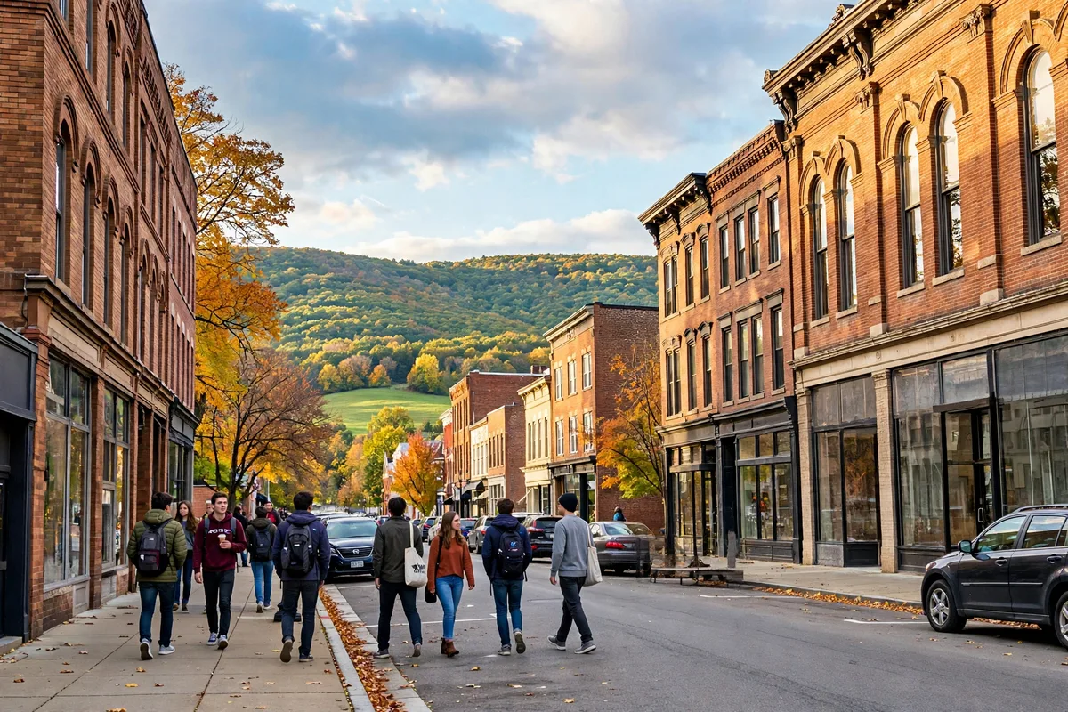 Uptown Athens Ohio brick storefronts on Court Street with students walking, rolling green hills behind the town