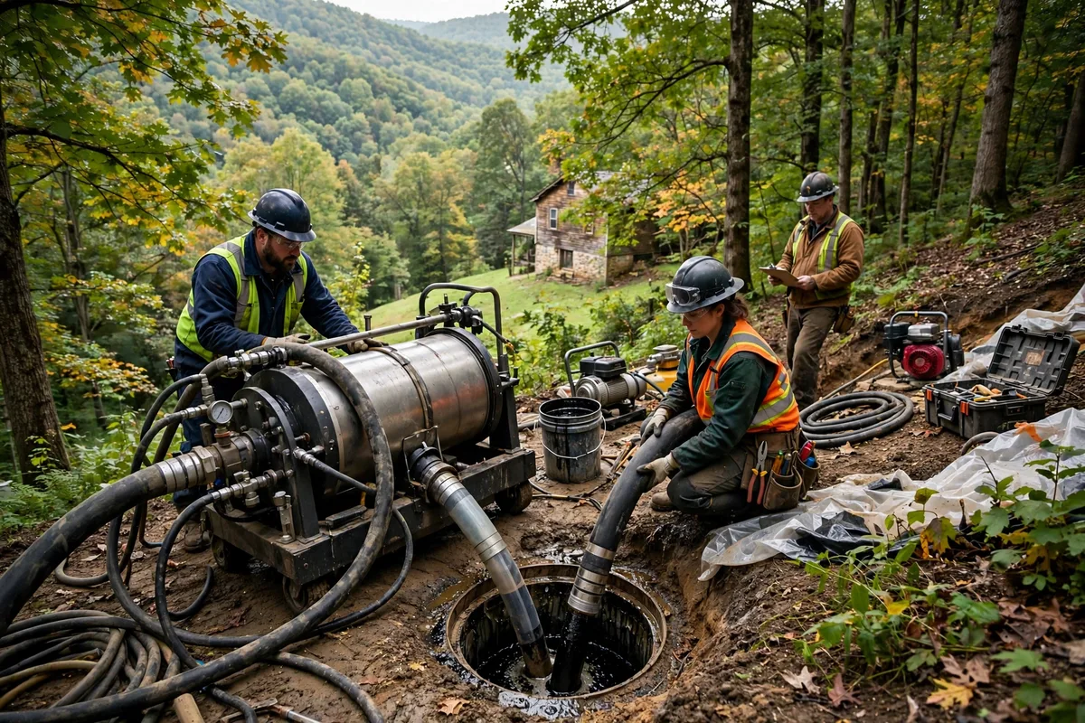 Trenchless pipe lining crew working in a sloped wooded backyard in Athens Ohio with resin liner equipment on a green hillside