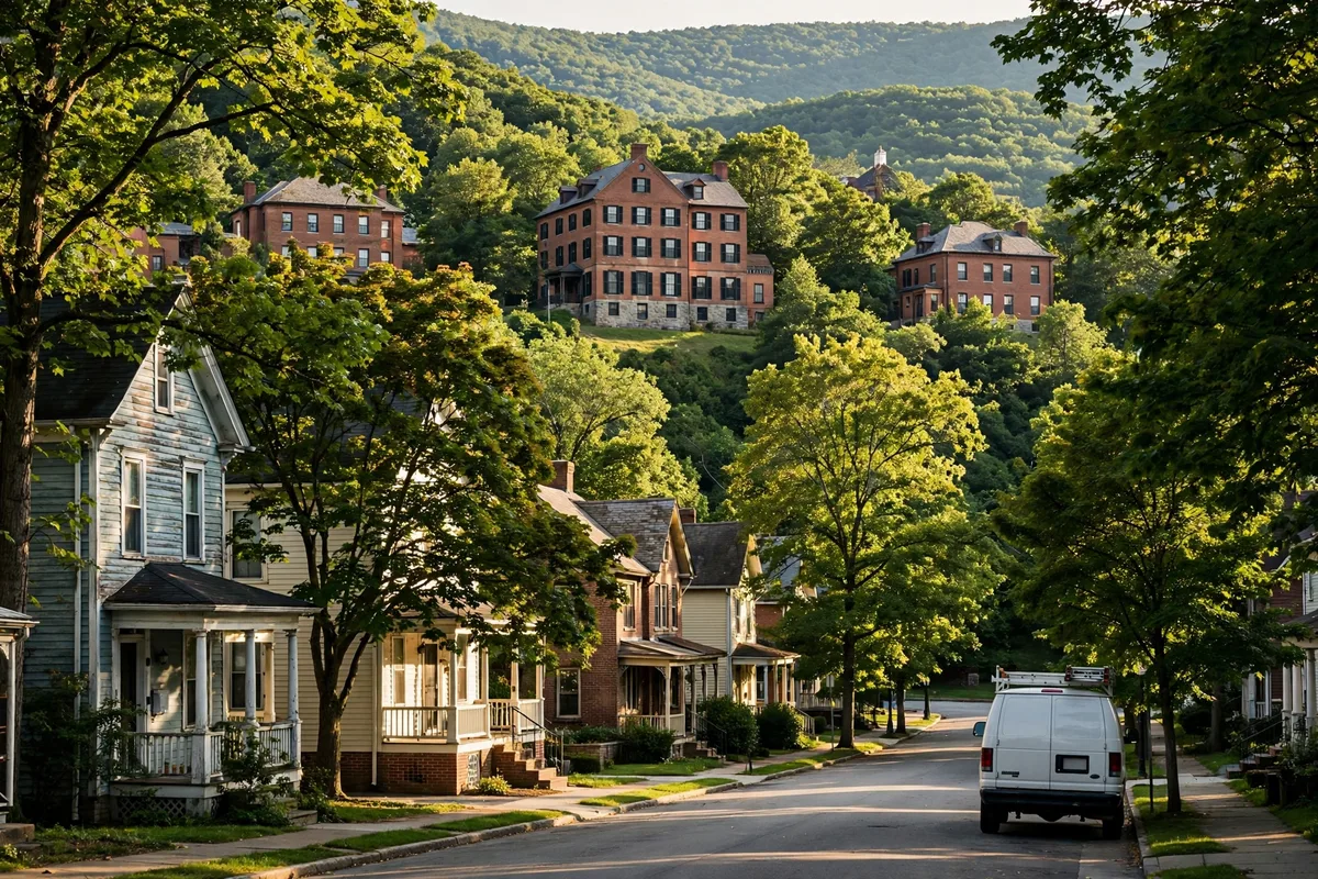 Athens Ohio college town with historic brick university buildings on a wooded hill above a tree-lined residential street, sewer service van on the street