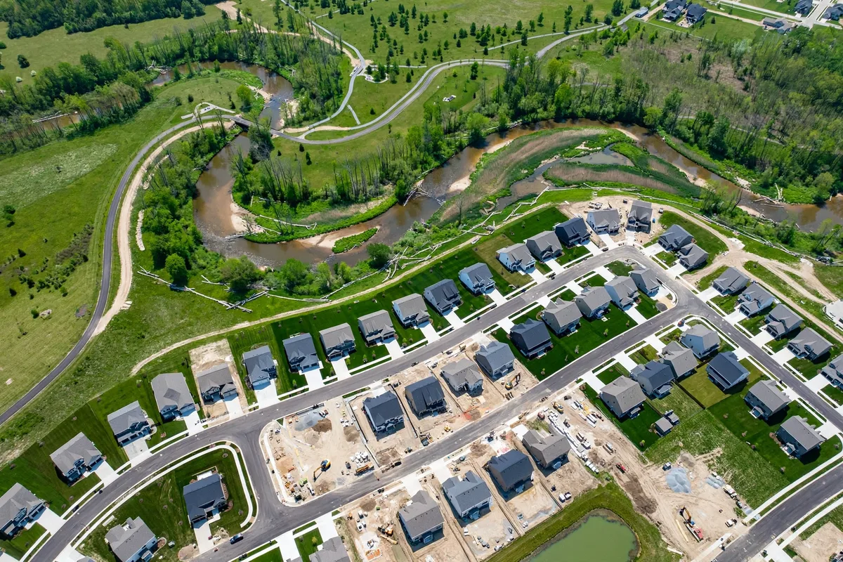 French Creek district with new homes and green space in Avon, Ohio
