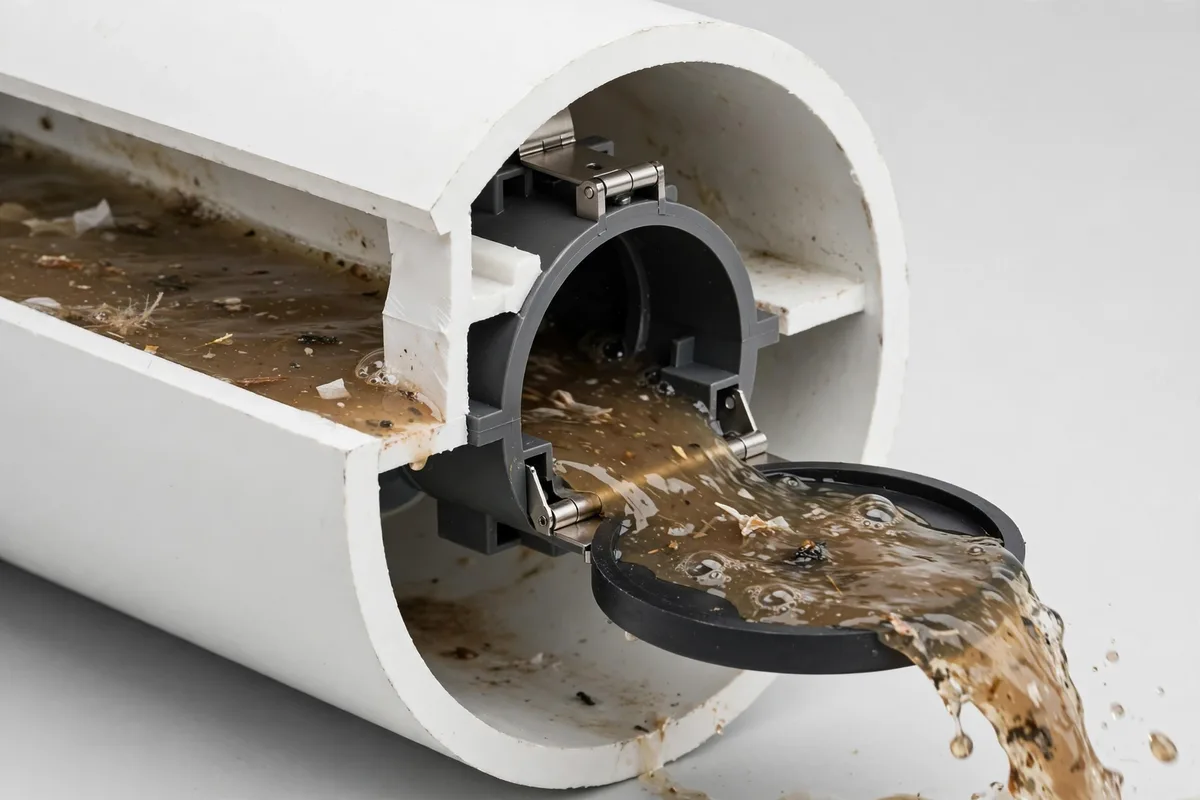 Close-up cutaway view of a backwater valve flapper gate in the open position inside a white PVC sewer pipe