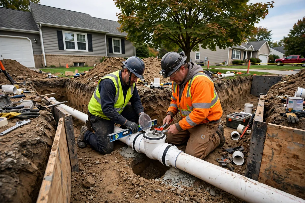 Plumbers installing a backwater valve on a sewer lateral in an excavated trench beside an Ohio suburban home