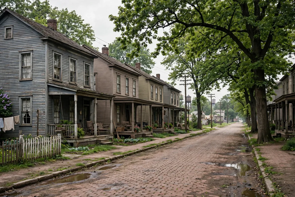 Early-1900s worker homes on a brick street in Barberton, Ohio