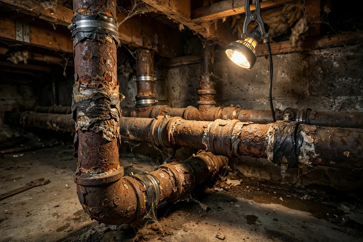 Old corroded cast iron sewer pipes in a Cleveland home basement, rusted thin from the inside out