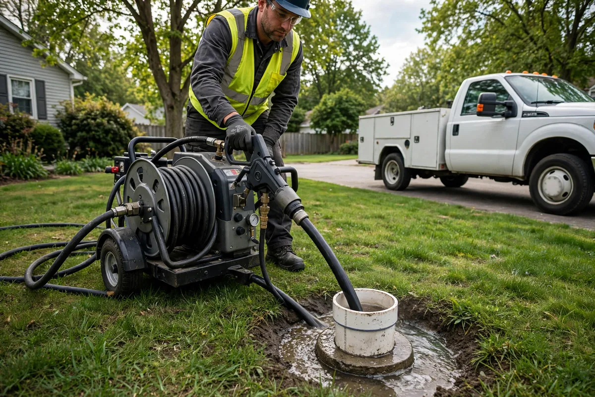 Technician operating high-pressure hydro jetting equipment at a residential sewer cleanout