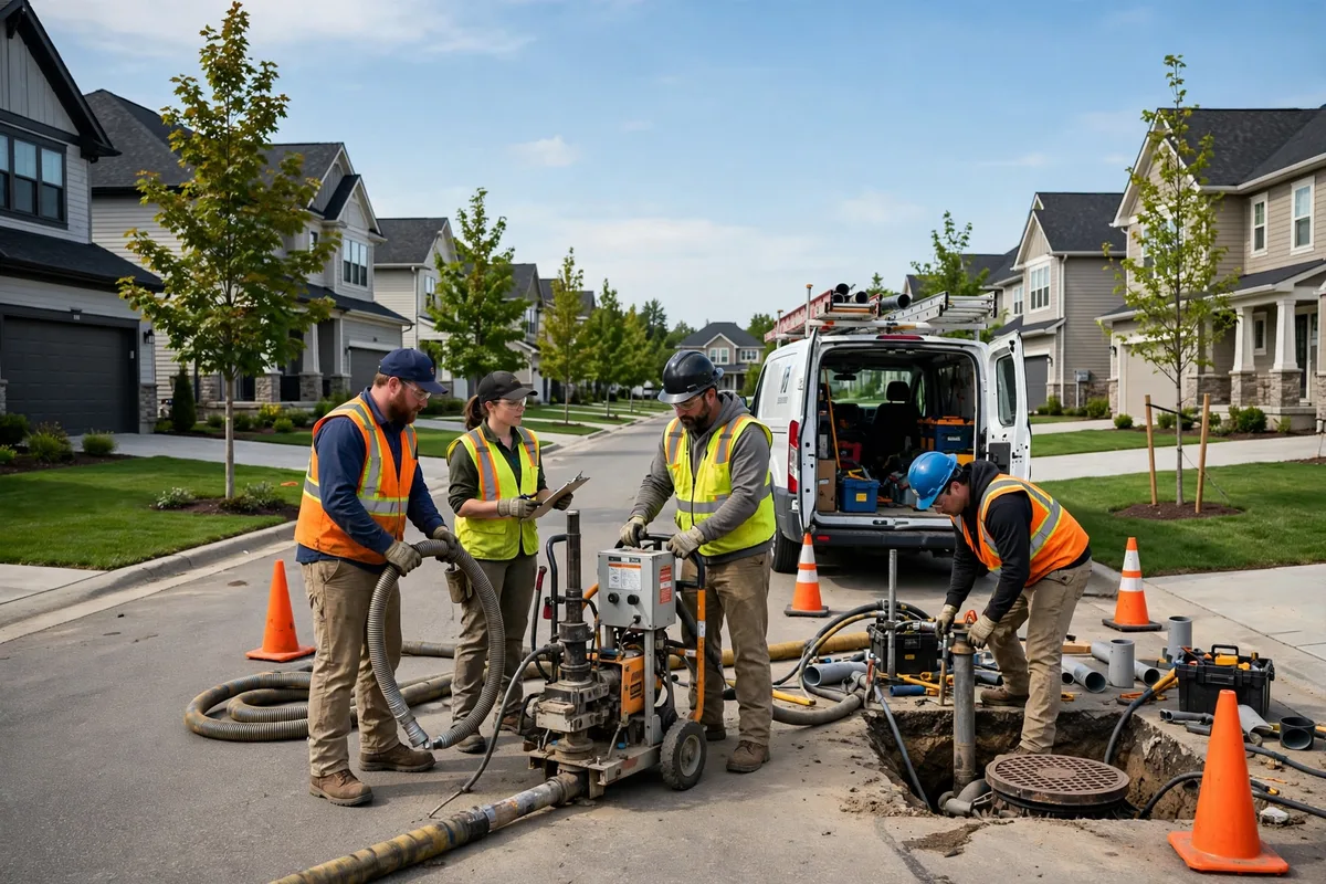 Trenchless sewer repair crew with service van working on a suburban street of modern homes in Beavercreek