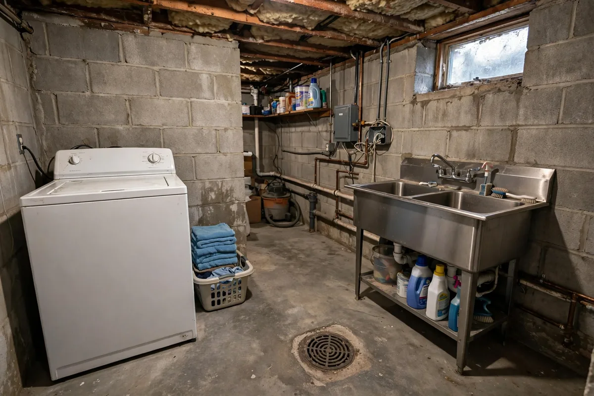 Typical Ohio basement laundry area with a floor drain in the concrete floor