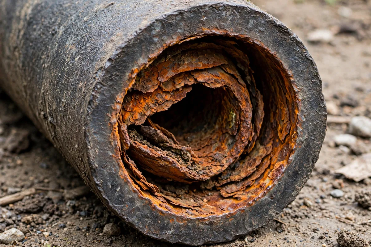 Cut-open cast iron pipe showing heavy rust scale buildup narrowing the inside diameter