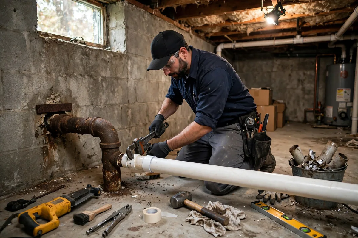 Plumber replacing old rusted cast iron pipe with new PVC drain pipe in an Ohio home basement