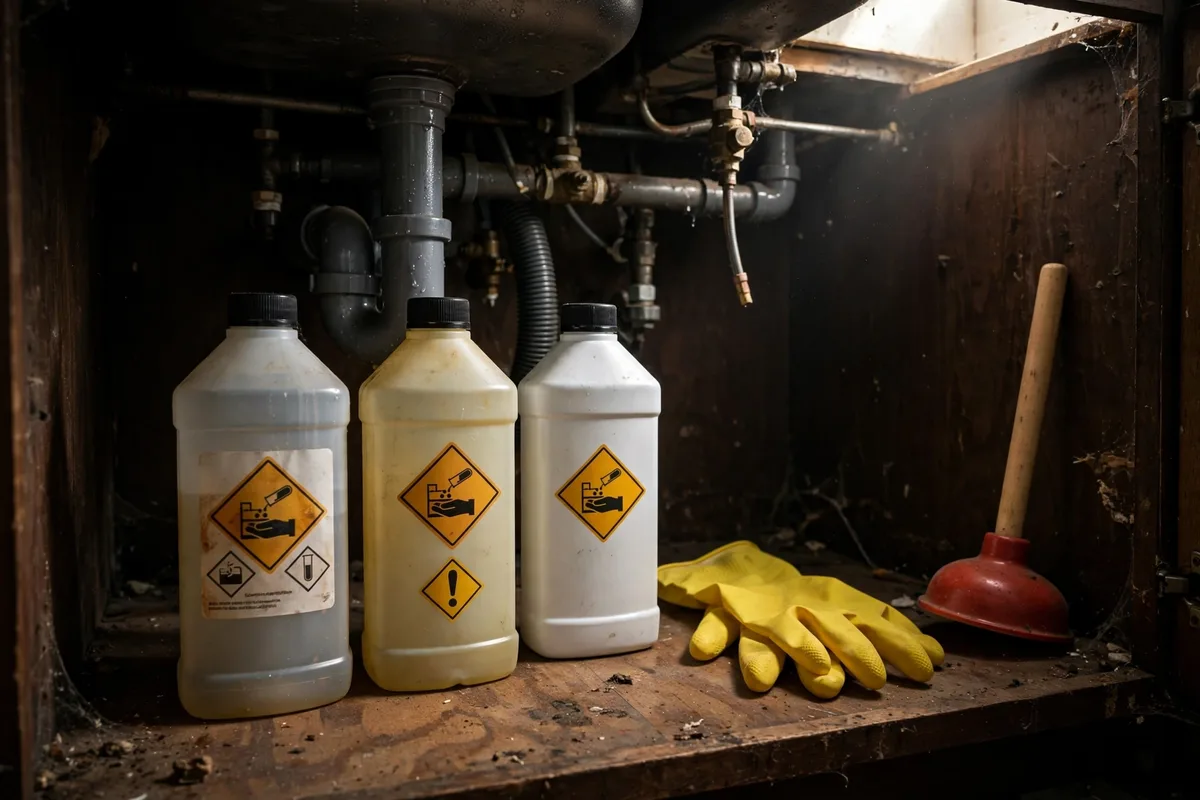 Chemical drain cleaner bottles under a kitchen sink with warning labels