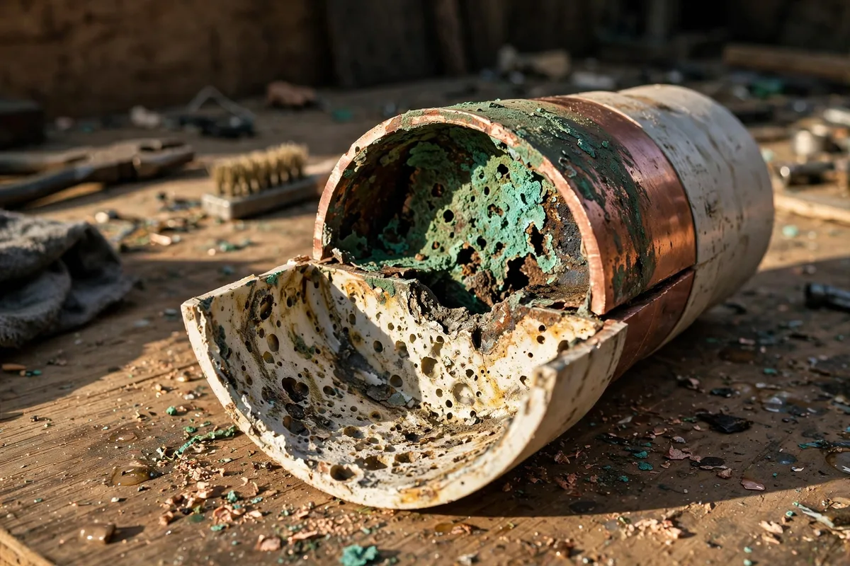 Damaged drain pipe showing chemical corrosion and pitting on the inner walls from repeated drain cleaner use