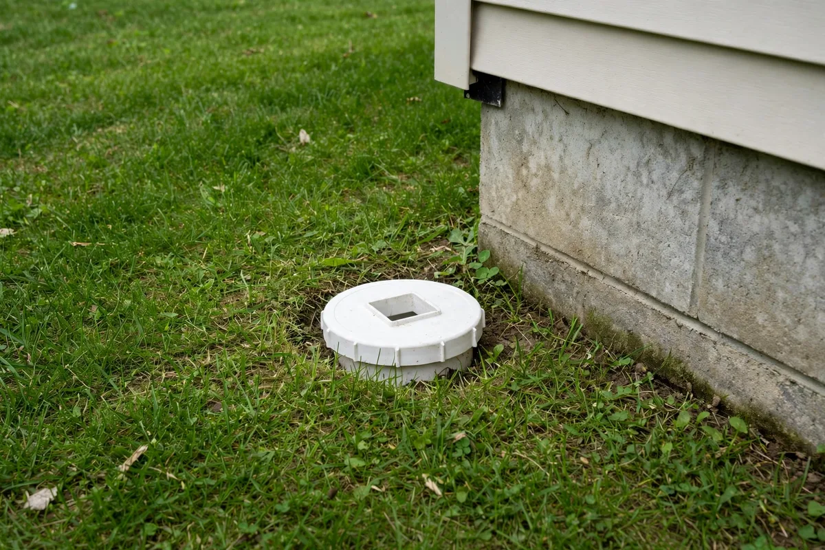 A white PVC sewer cleanout cap flush with a green lawn next to a suburban home foundation