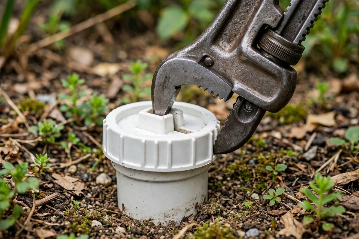 Close-up of a plumber's wrench loosening a round cleanout cap on a white PVC pipe at ground level