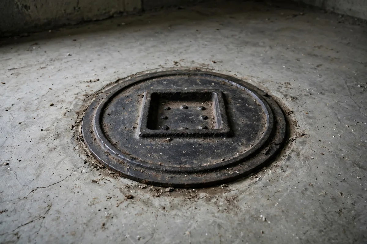A round cast iron cleanout access plate set into a concrete basement floor, common in older Ohio homes