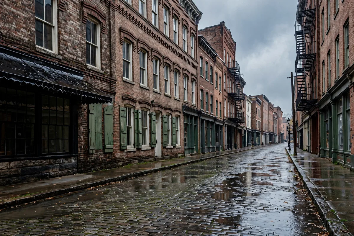 Historic older city street in Ohio with century-old brick buildings after rain