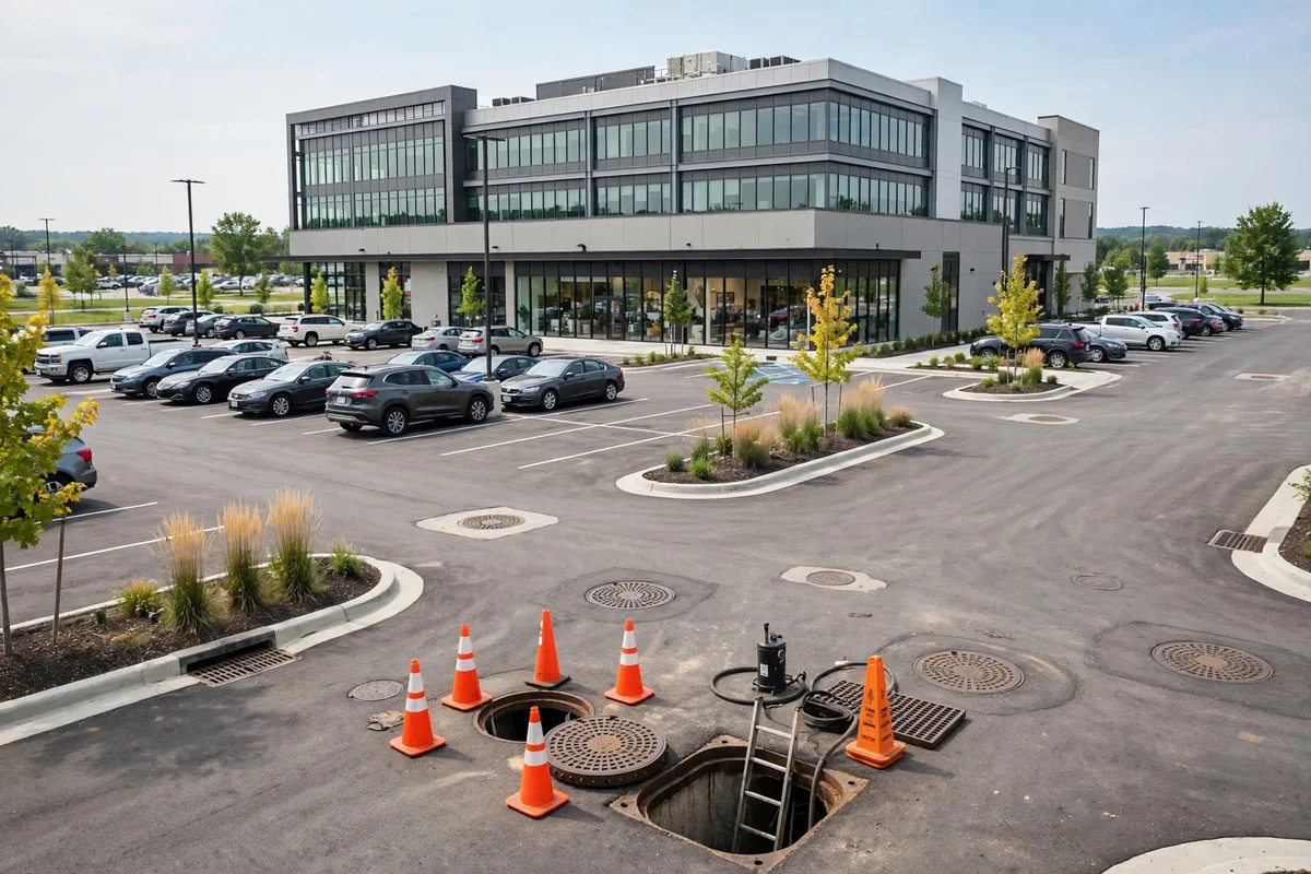 Commercial office and retail building in Ohio, the kind of property that needs a scheduled sewer maintenance program