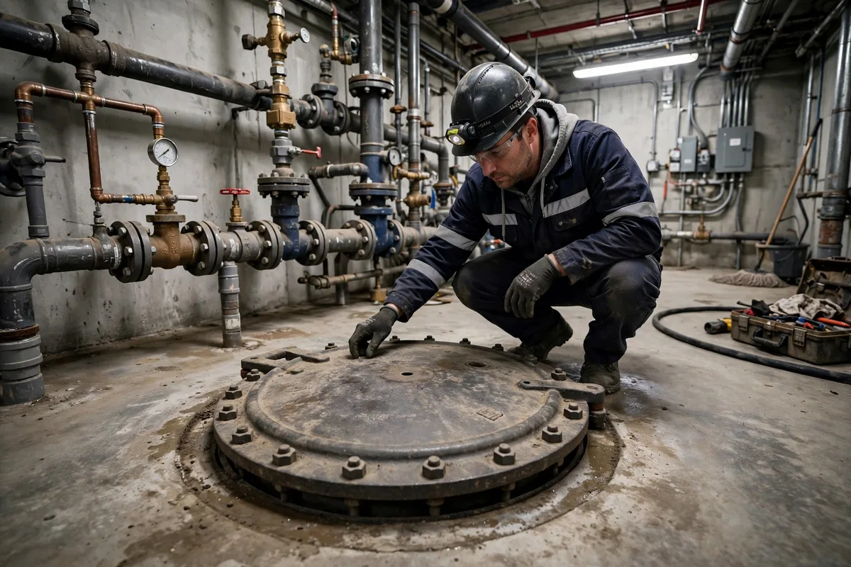 Technician inspecting a backwater valve access cover in a commercial building mechanical room