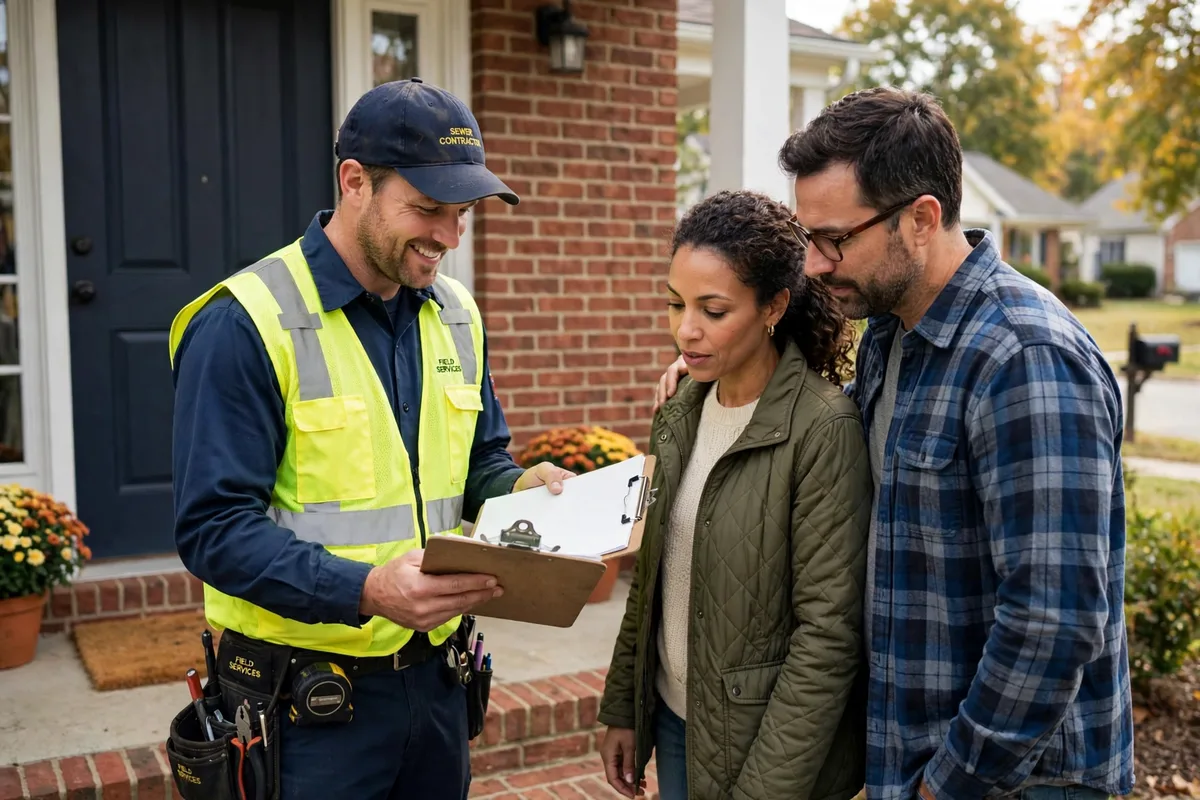 Sewer contractor reviewing a written repair plan with homeowners on their front porch