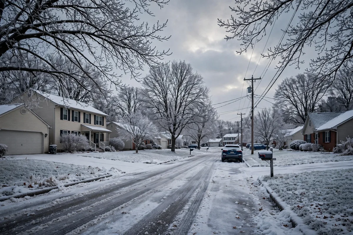 Snow-covered Ohio suburban street in winter with bare trees and frost on the ground