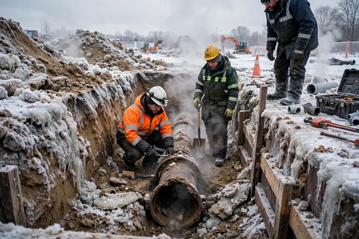 Open excavation trench in frozen ground exposing a sewer pipe during winter repair work
