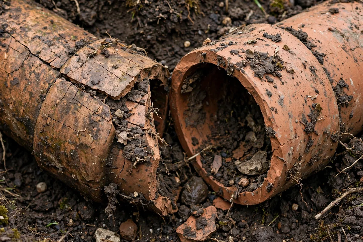 Close-up of an old cracked clay sewer pipe section with a separated joint pulled from Ohio soil
