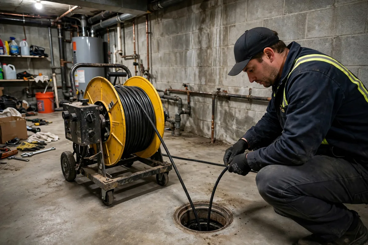 A technician feeding a sewer camera cable into a basement floor drain during a routine maintenance inspection