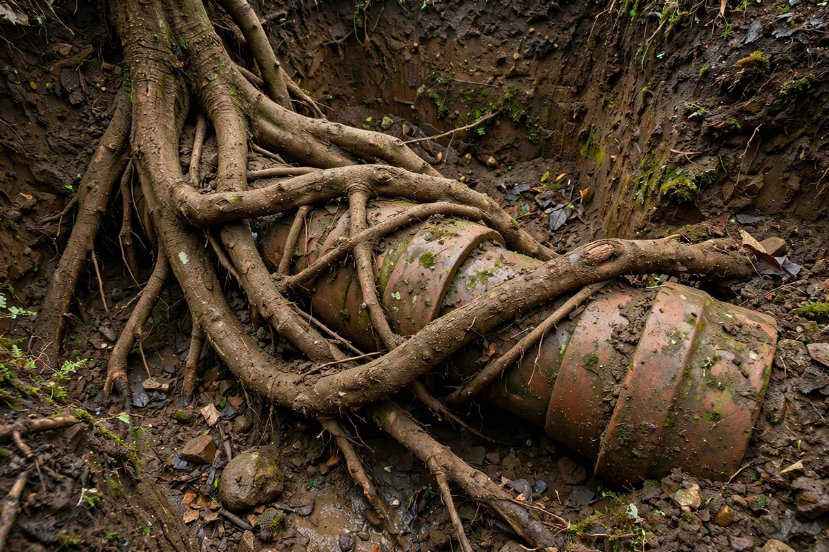 Thick tree roots wrapped around an old clay sewer pipe exposed in an excavation, the most common find during routine inspections