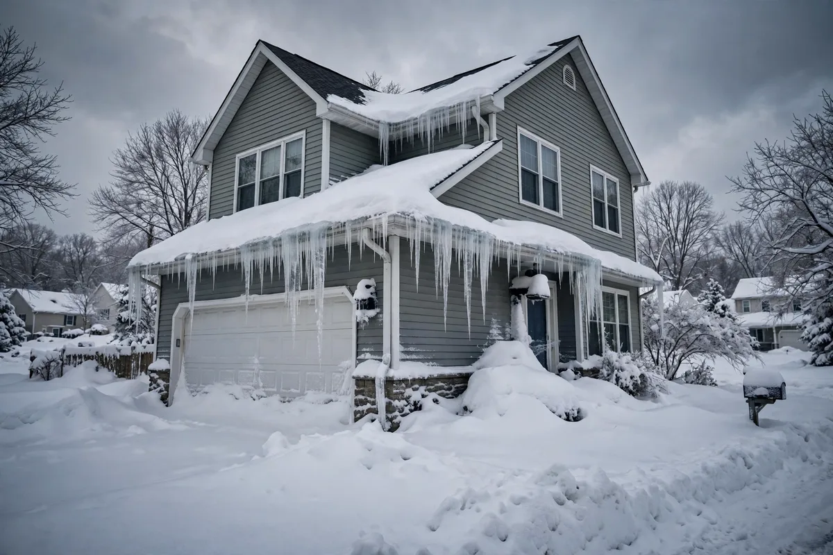 Ohio home after a heavy snowstorm with deep snow and icicles on the gutters