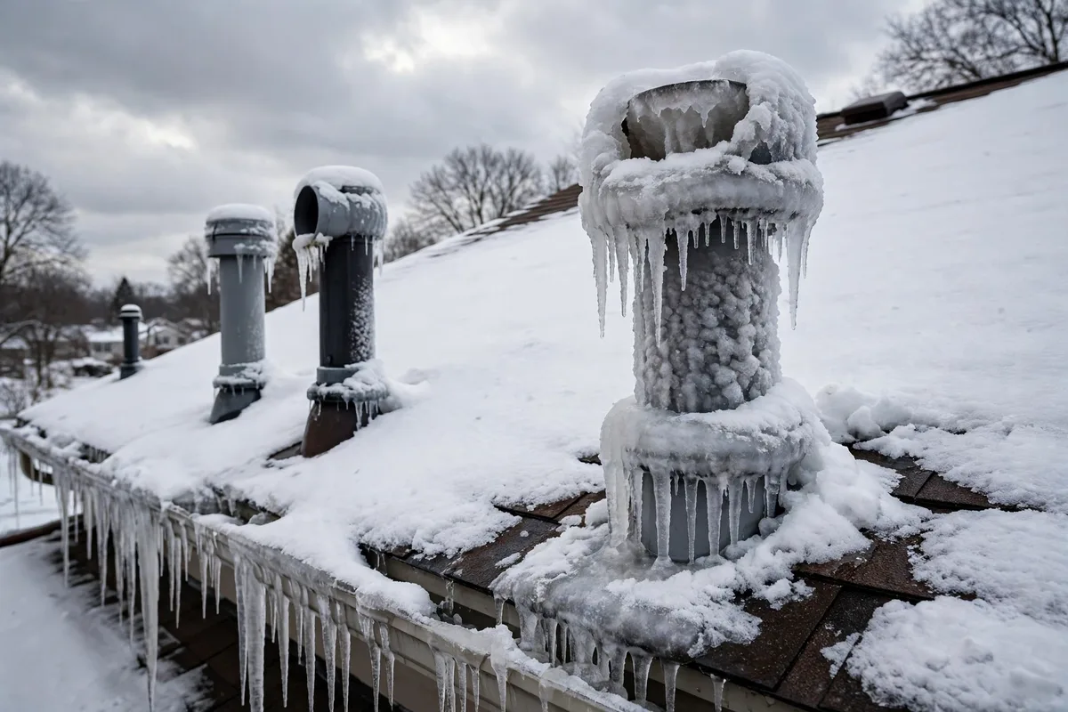 Snow-covered roof plumbing vent stack with icicles on an Ohio home in winter