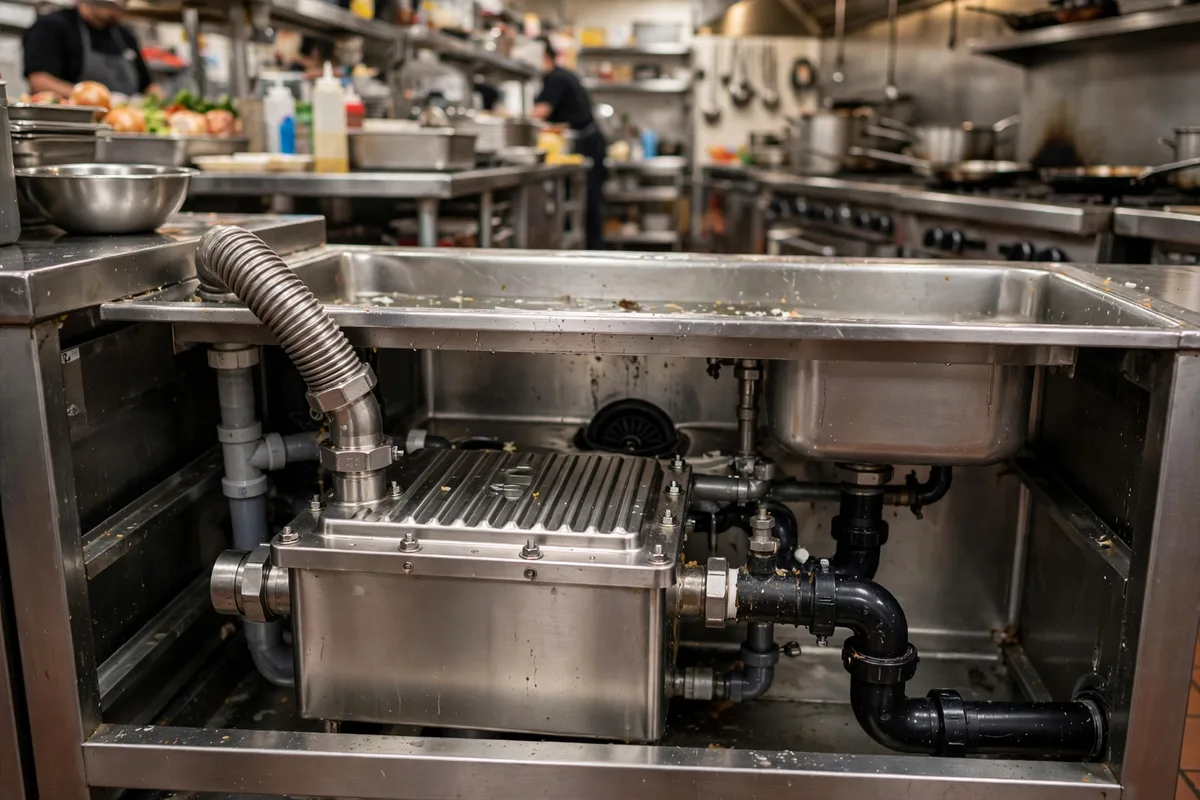 Stainless steel grease trap installed under a commercial restaurant kitchen sink, protecting the sewer line from fats and oils