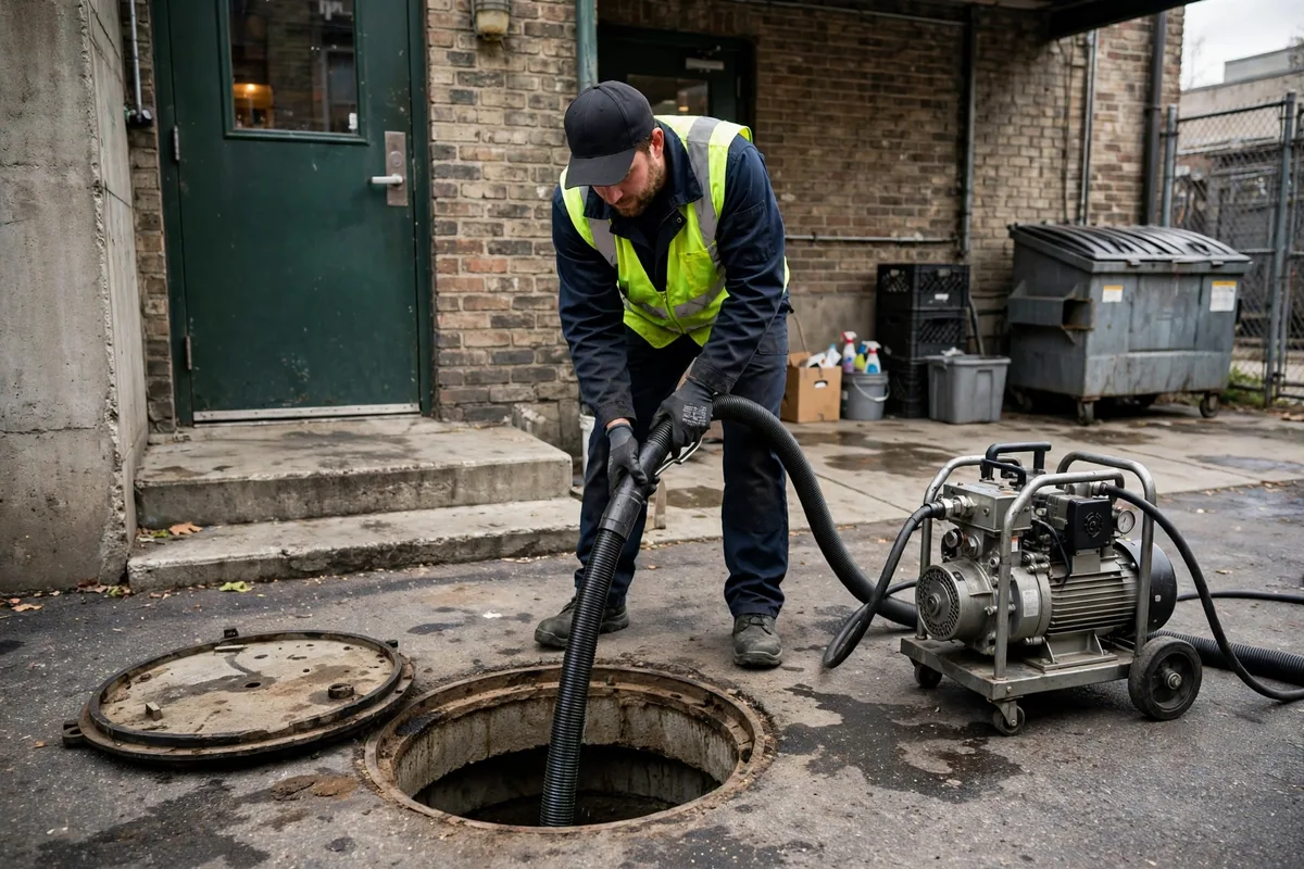 Technician pumping out a large underground grease interceptor behind a restaurant