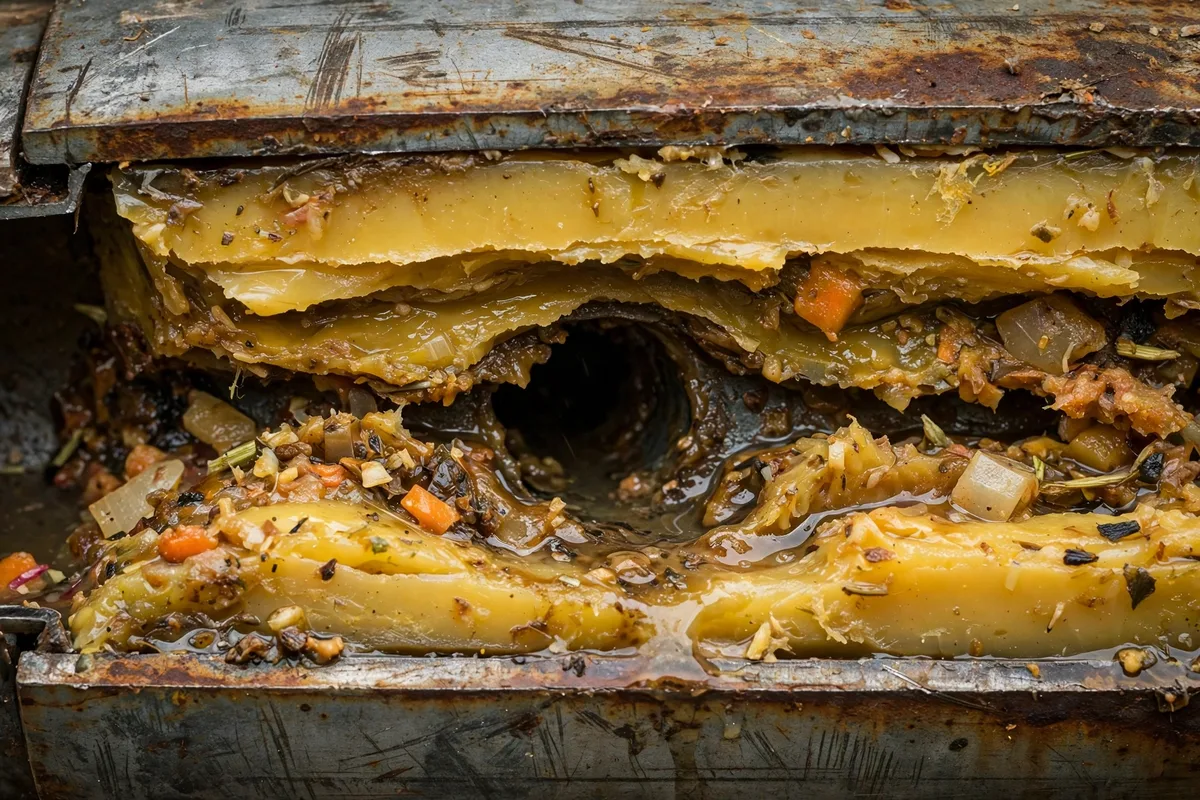 Inside of a restaurant drain pipe heavily coated with solidified grease, showing how FOG narrows the pipe over time