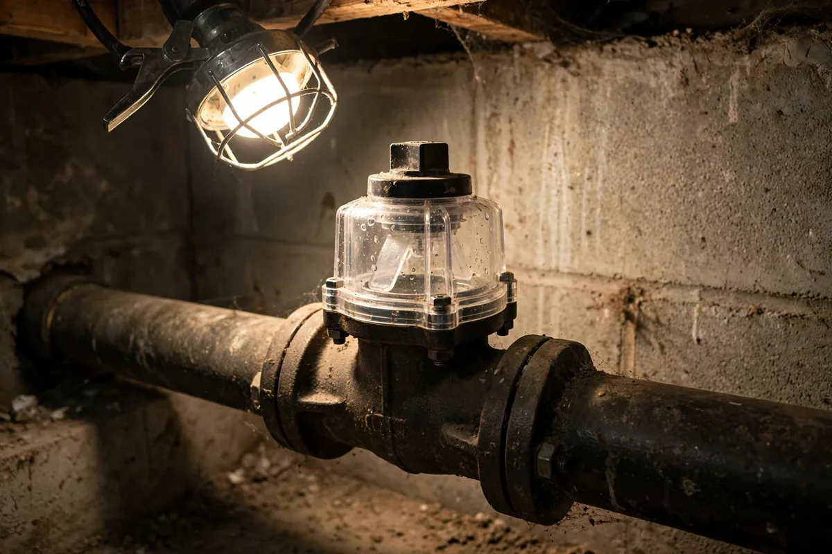 Backwater valve installed on a sewer pipe in an Ohio home's basement to block reverse sewage flow