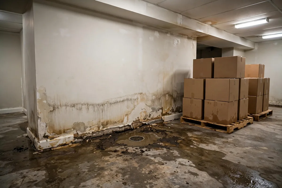 Finished basement with water damage around a floor drain after a sewer backup
