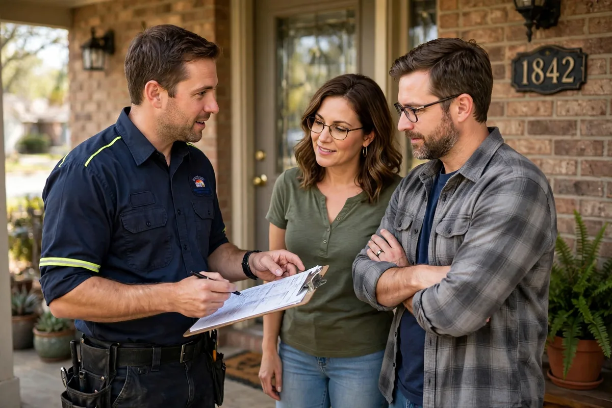 Sewer contractor explaining repair paperwork to homeowners on their front porch