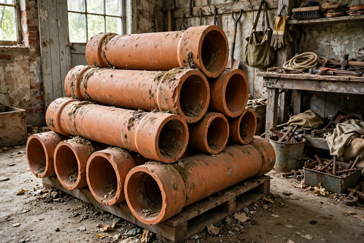 Sections of vintage orange clay tile sewer pipe stacked in a workshop, the material under most pre-1960 Ohio homes