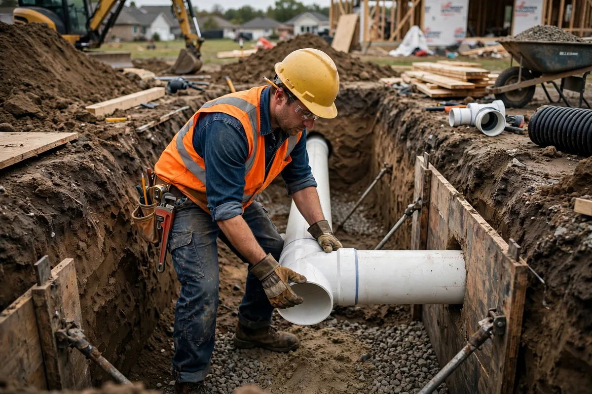 A plumber installing new white PVC sewer pipe in a deep trench, the modern replacement material that resists roots and corrosion