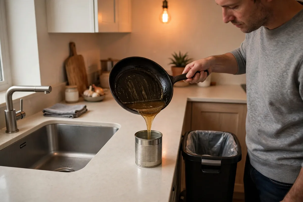 Homeowner pouring cooled cooking grease from a pan into a can in the trash instead of the kitchen sink