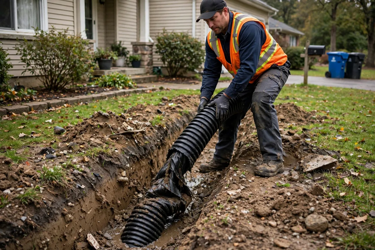 A plumbing technician pulling a collapsed black fiber pipe from a narrow excavation trench in a residential front yard