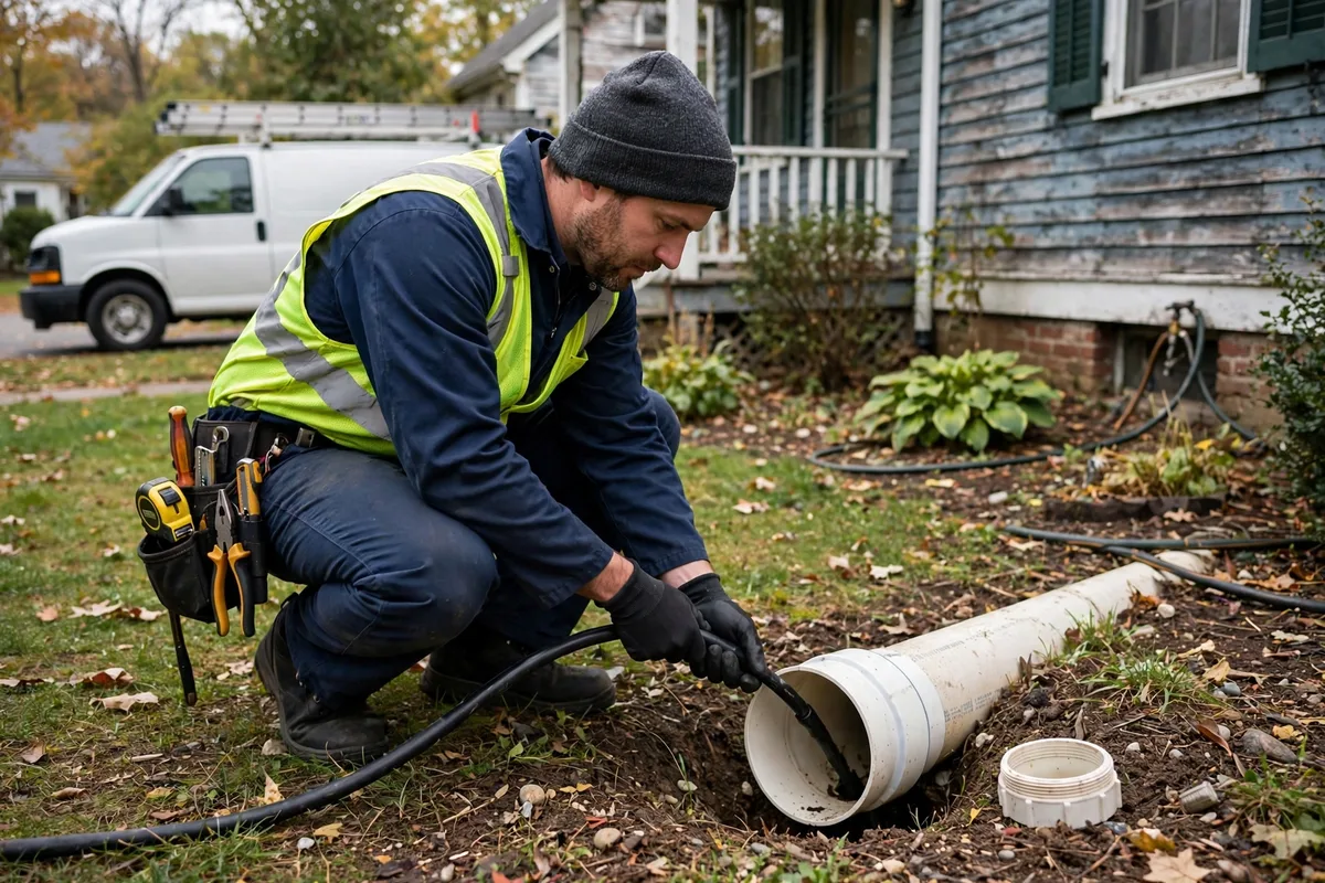 A sewer technician feeding a camera cable into an outdoor cleanout during a pre-purchase inspection at an older Ohio home