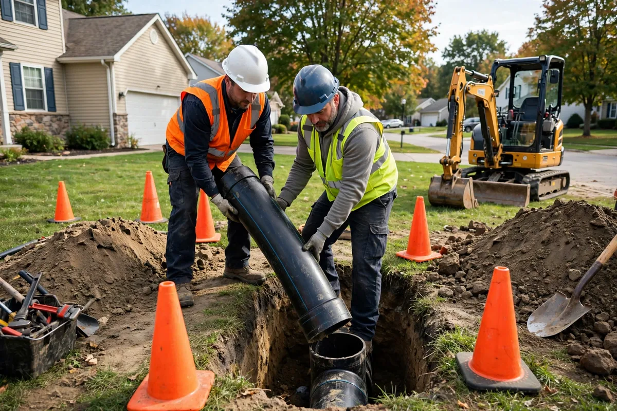 Sewer repair crew guiding new pipe into a small excavation pit with a mini excavator at an Ohio home