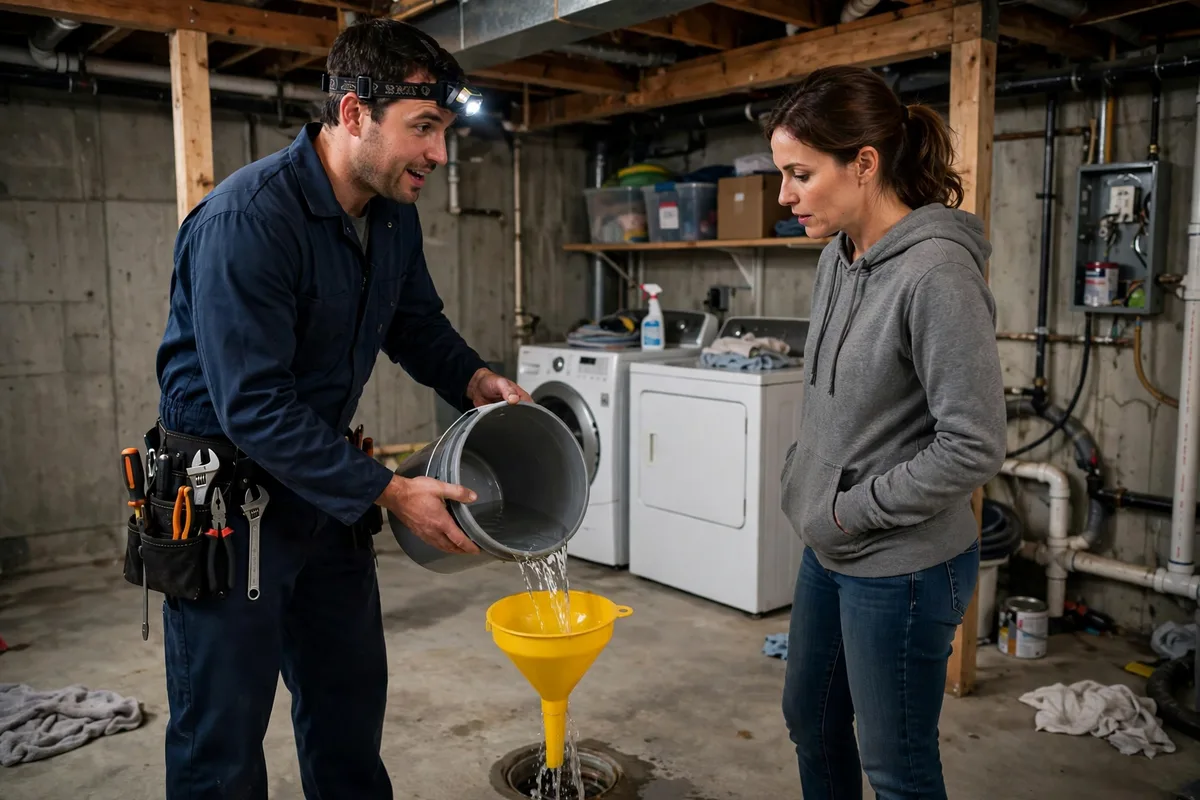 Plumber refilling the water seal in a dry basement floor drain to stop sewer gas odor