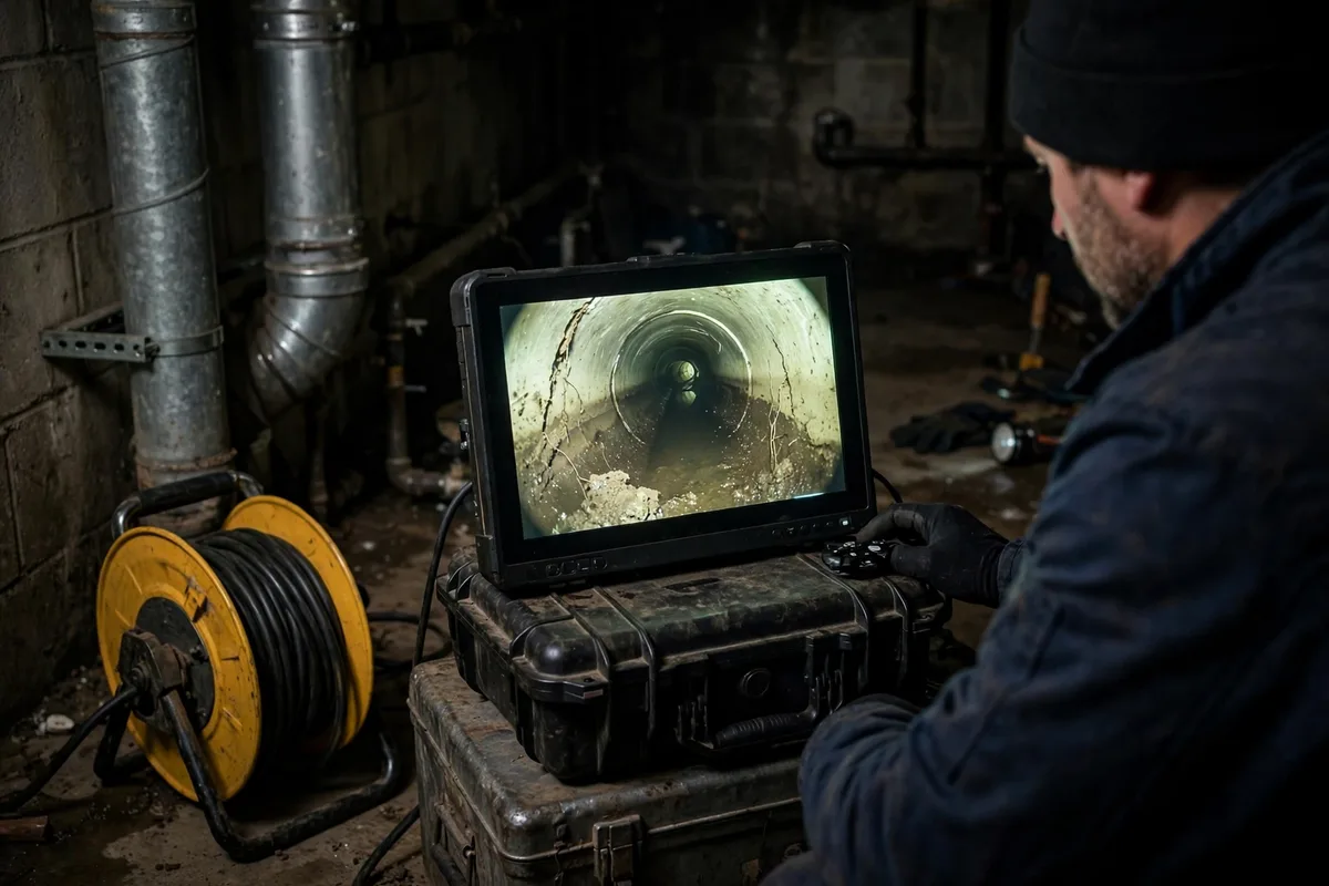 Technician monitoring a sewer camera screen in a basement while diagnosing the source of sewer odor